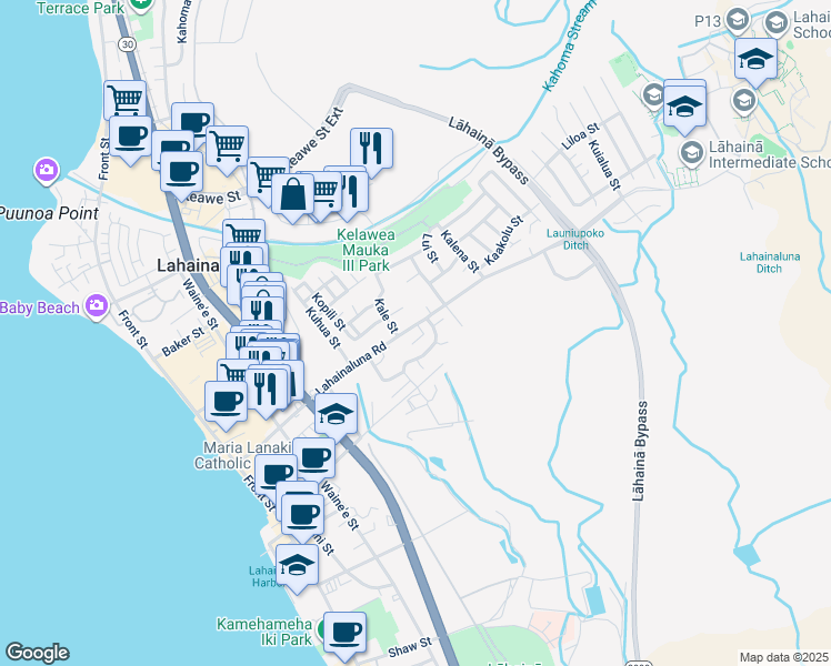 map of restaurants, bars, coffee shops, grocery stores, and more near 448 Lahainaluna Road in Lahaina