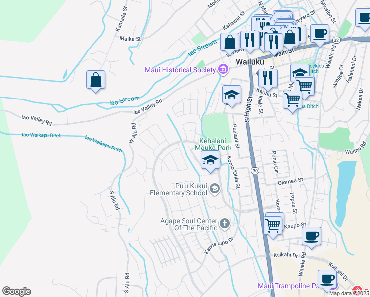 map of restaurants, bars, coffee shops, grocery stores, and more near 54 la iki street in Wailuku