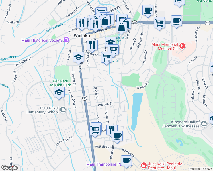 map of restaurants, bars, coffee shops, grocery stores, and more near 540 Halemalu Place in Wailuku