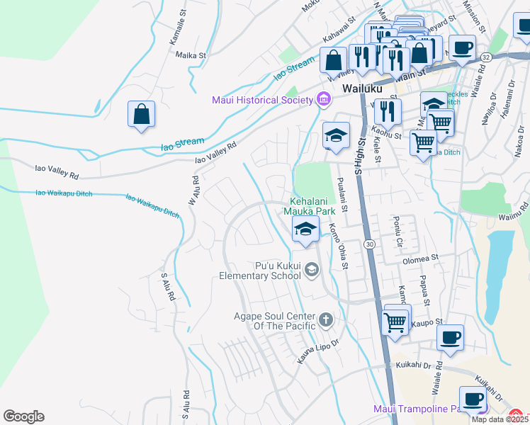 map of restaurants, bars, coffee shops, grocery stores, and more near 74 la iki street in Wailuku
