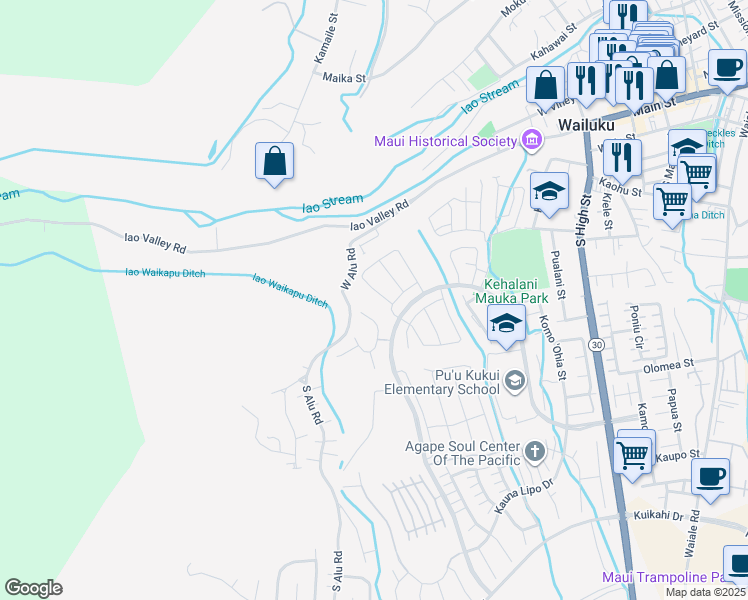 map of restaurants, bars, coffee shops, grocery stores, and more near 240 Kili'o'opu Street in Wailuku