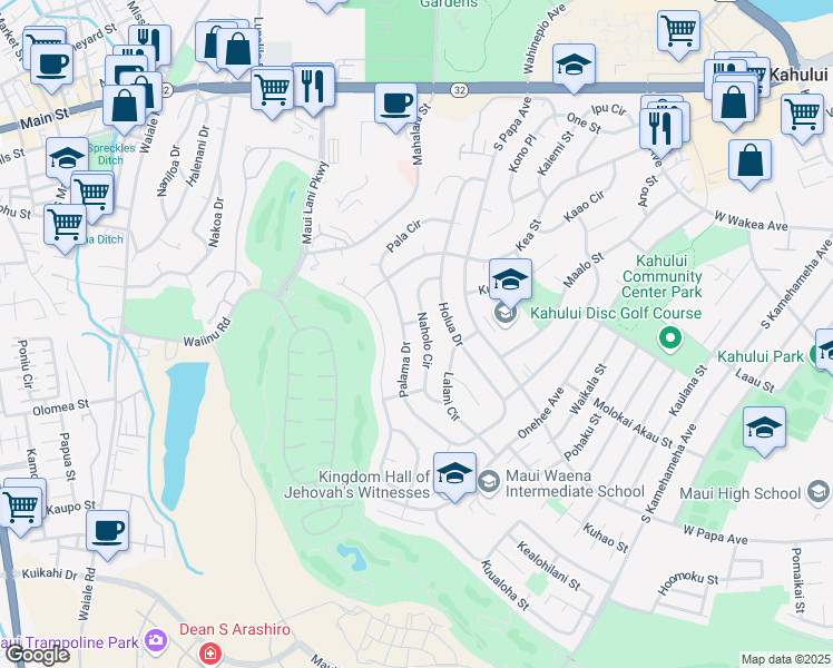 map of restaurants, bars, coffee shops, grocery stores, and more near 340 Naholo Circle in Kahului