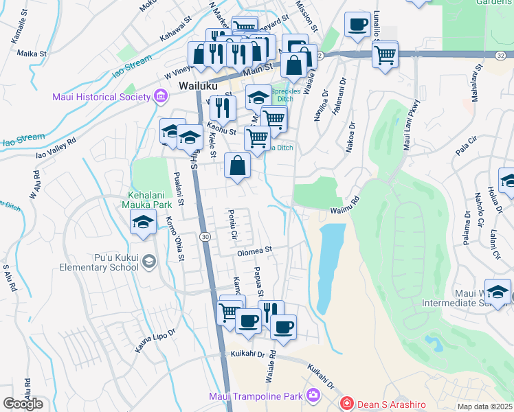 map of restaurants, bars, coffee shops, grocery stores, and more near 540 Halemalu Place in Wailuku