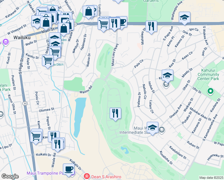 map of restaurants, bars, coffee shops, grocery stores, and more near 16 Kamalei Circle in Kahului