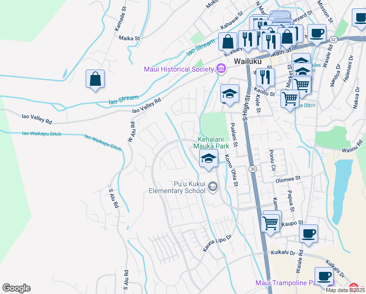 map of restaurants, bars, coffee shops, grocery stores, and more near 152 Ka ʻIkena Loop in Wailuku
