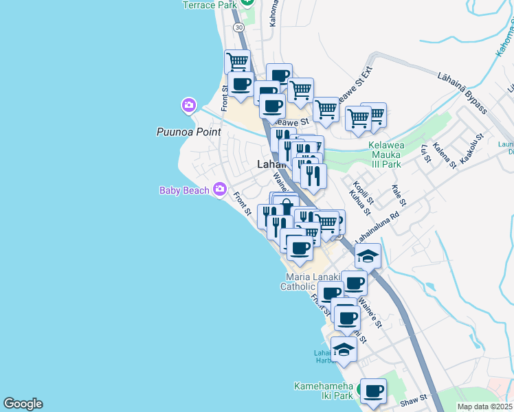 map of restaurants, bars, coffee shops, grocery stores, and more near 1022 Front Street in Lahaina
