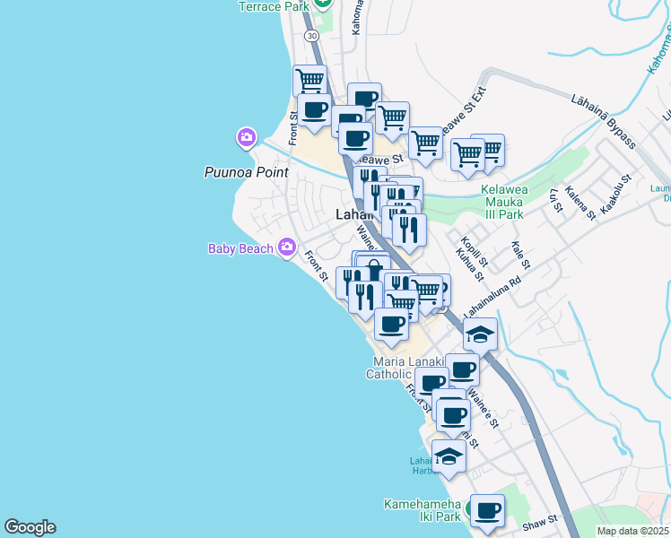 map of restaurants, bars, coffee shops, grocery stores, and more near 1022 Front Street in Lahaina