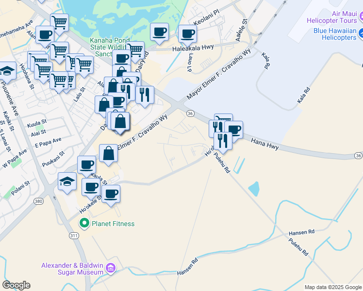 map of restaurants, bars, coffee shops, grocery stores, and more near 0 Pulehu Place in Kahului