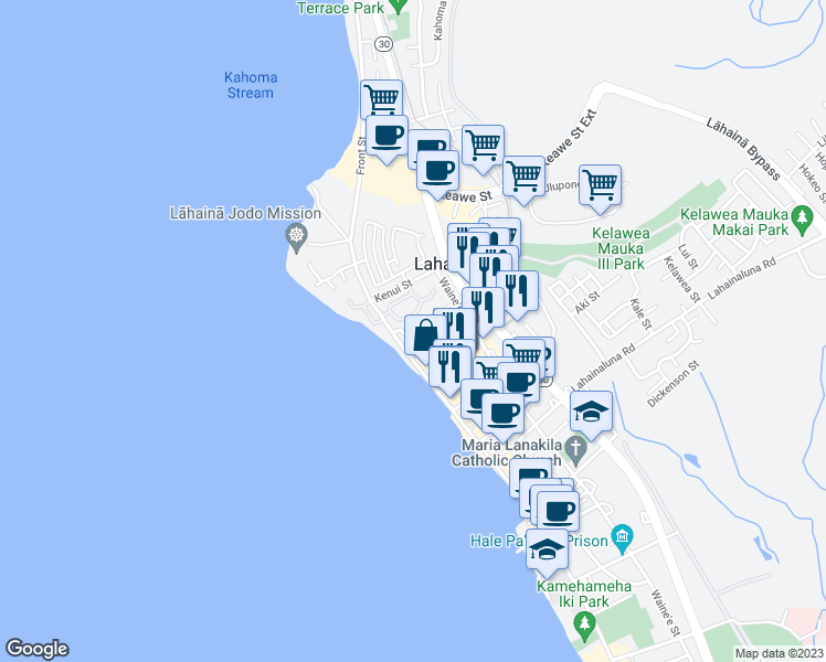 map of restaurants, bars, coffee shops, grocery stores, and more near 1034 Front Street in Lahaina