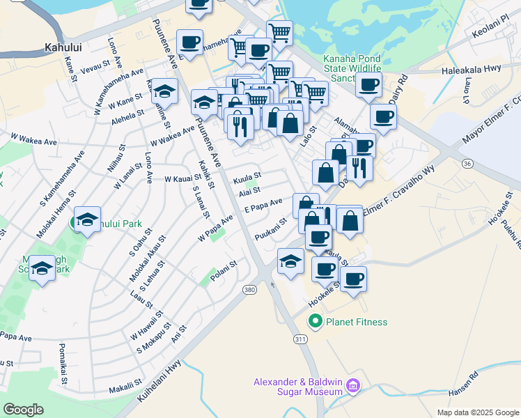 map of restaurants, bars, coffee shops, grocery stores, and more near 46 East Papa Avenue in Kahului