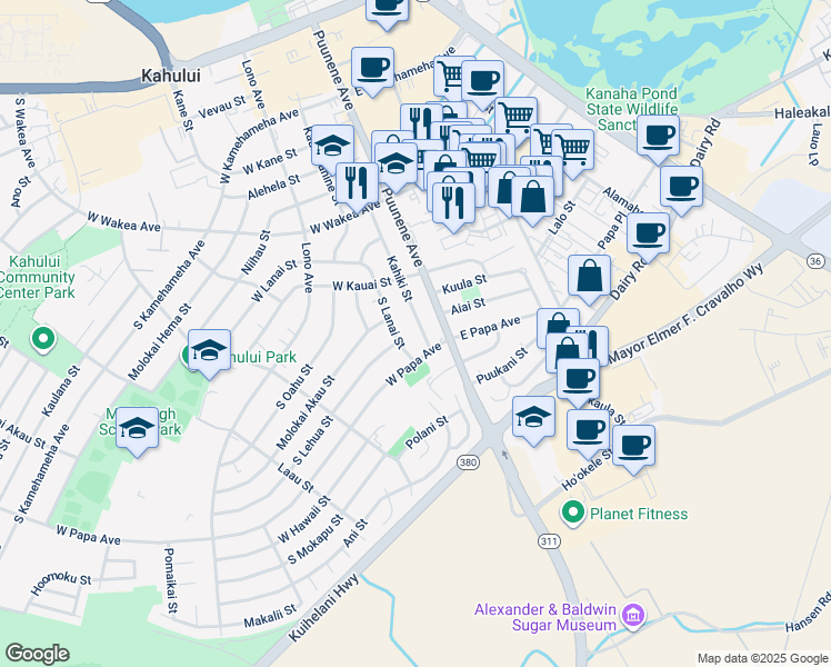 map of restaurants, bars, coffee shops, grocery stores, and more near 428 Kahiki Street in Kahului