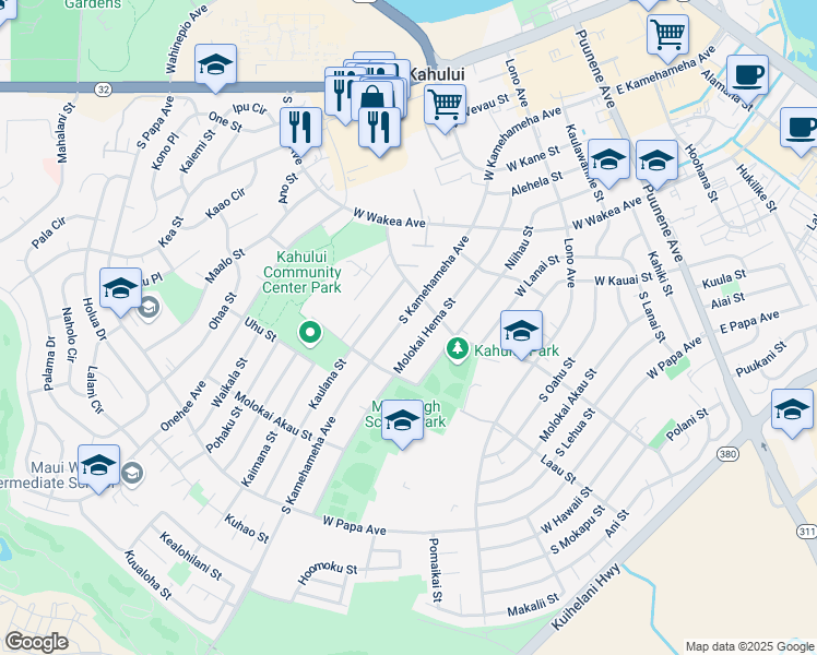 map of restaurants, bars, coffee shops, grocery stores, and more near 431 South Kamehameha Avenue in Kahului