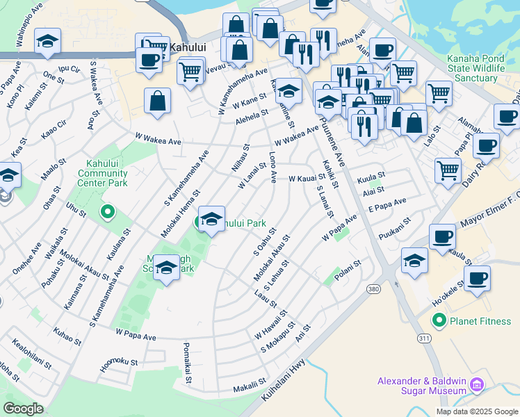 map of restaurants, bars, coffee shops, grocery stores, and more near 418 Lono Avenue in Kahului