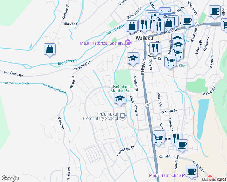map of restaurants, bars, coffee shops, grocery stores, and more near 143 Hoowaiwai Loop in Wailuku