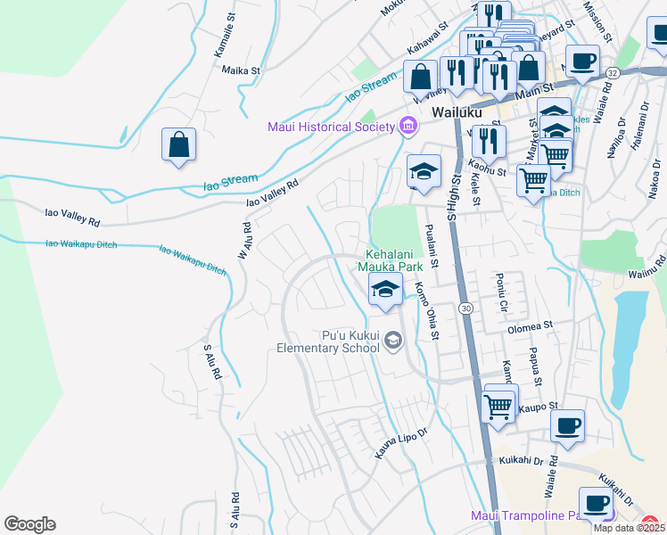map of restaurants, bars, coffee shops, grocery stores, and more near 23 Ka ʻIkena Loop in Wailuku