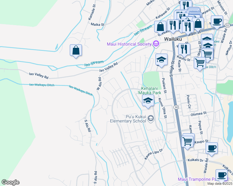 map of restaurants, bars, coffee shops, grocery stores, and more near 212 Ka ʻIkena Loop in Wailuku