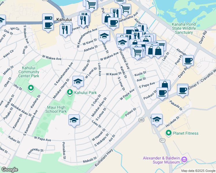 map of restaurants, bars, coffee shops, grocery stores, and more near 403 South Oahu Street in Kahului