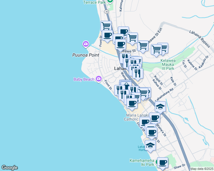 map of restaurants, bars, coffee shops, grocery stores, and more near 1057 Front Street in Lahaina