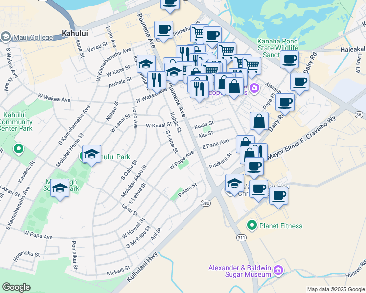 map of restaurants, bars, coffee shops, grocery stores, and more near 428 Kahiki Street in Kahului