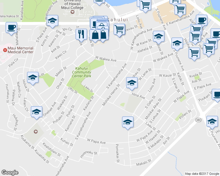 map of restaurants, bars, coffee shops, grocery stores, and more near 431 South Kamehameha Avenue in Kahului