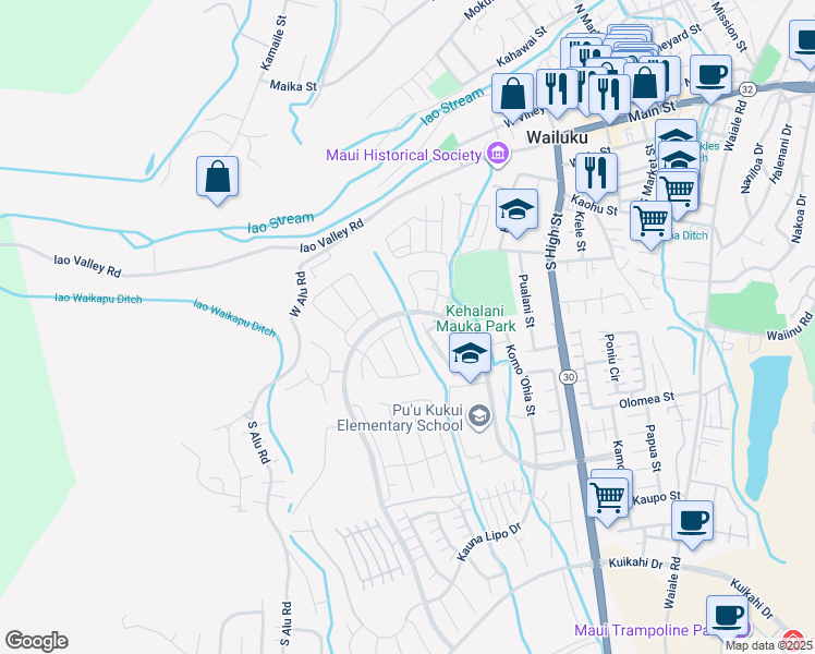 map of restaurants, bars, coffee shops, grocery stores, and more near 23 Ka ʻIkena Loop in Wailuku
