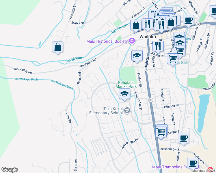 map of restaurants, bars, coffee shops, grocery stores, and more near 23 Ka ʻIkena Loop in Wailuku