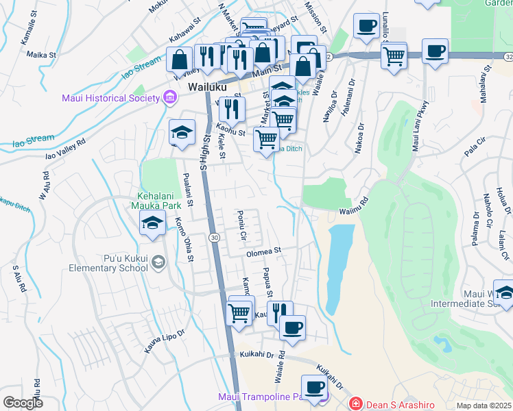 map of restaurants, bars, coffee shops, grocery stores, and more near 129 Poniu Circle in Wailuku