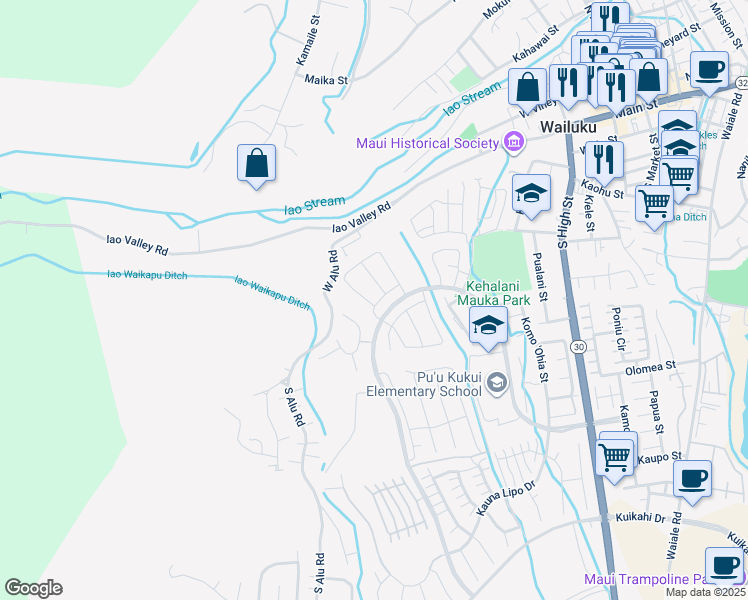 map of restaurants, bars, coffee shops, grocery stores, and more near 255 Kili'o'opu Street in Wailuku