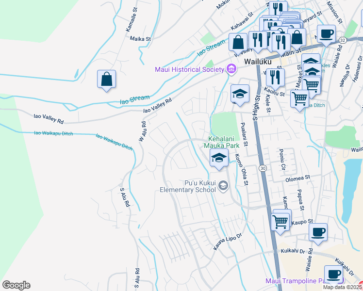 map of restaurants, bars, coffee shops, grocery stores, and more near 18 la iki street in Wailuku