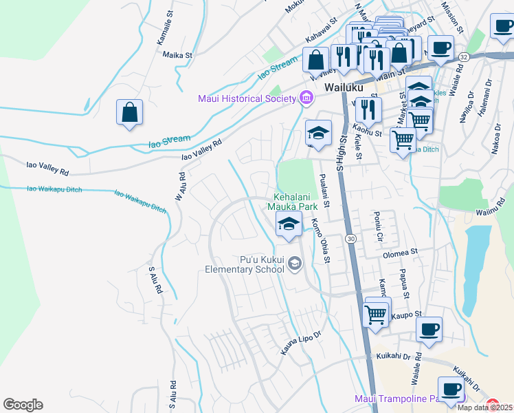 map of restaurants, bars, coffee shops, grocery stores, and more near 132 Ka ʻIkena Loop in Wailuku