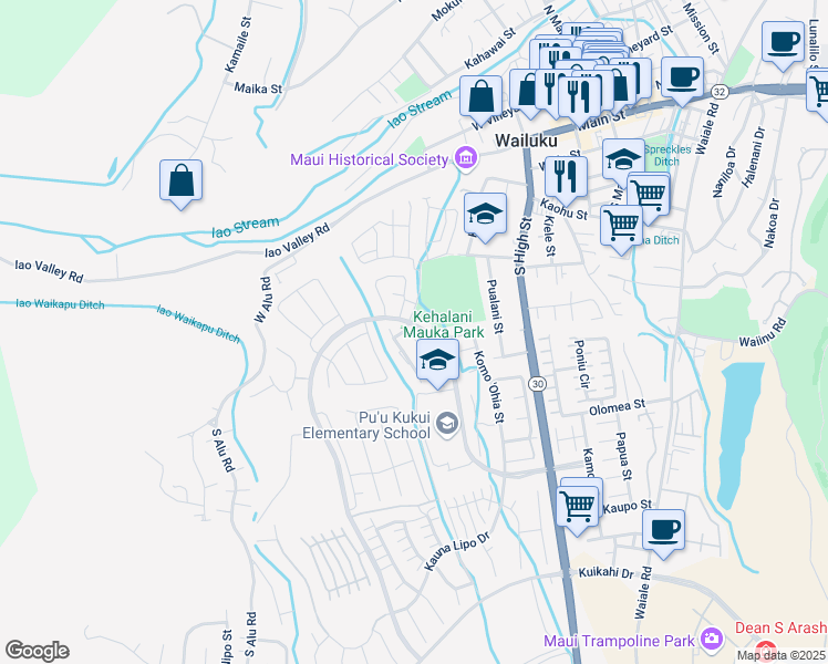 map of restaurants, bars, coffee shops, grocery stores, and more near 218 Hooulu Lane in Wailuku