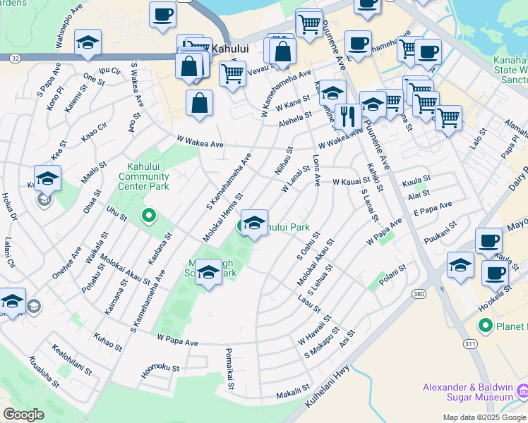 map of restaurants, bars, coffee shops, grocery stores, and more near 296 West Lanai Street in Kahului