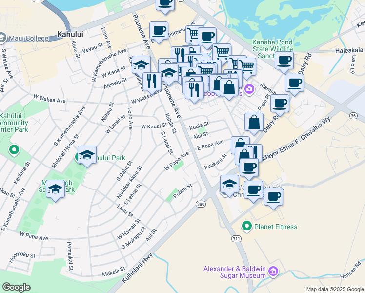map of restaurants, bars, coffee shops, grocery stores, and more near 433 Kahiki Street in Kahului