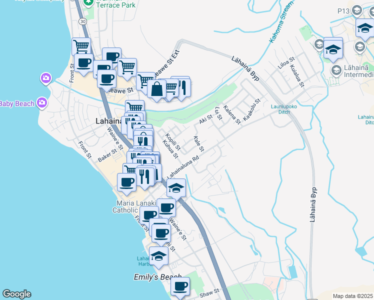map of restaurants, bars, coffee shops, grocery stores, and more near 832 Mela Street in Lahaina