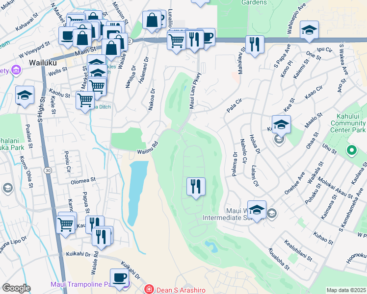 map of restaurants, bars, coffee shops, grocery stores, and more near 475 Kamalei Circle in Kahului