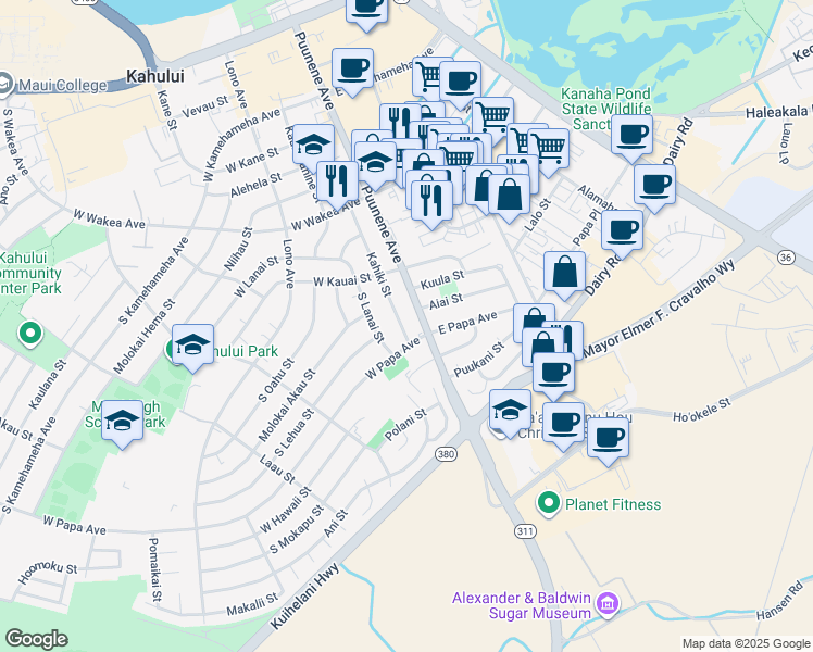 map of restaurants, bars, coffee shops, grocery stores, and more near 433 Kahiki Street in Kahului