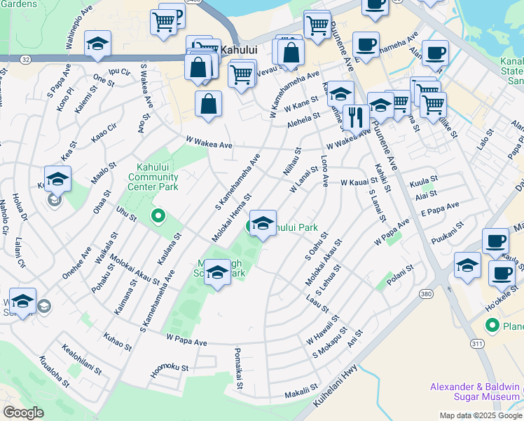 map of restaurants, bars, coffee shops, grocery stores, and more near 323 Niihau Street in Kahului