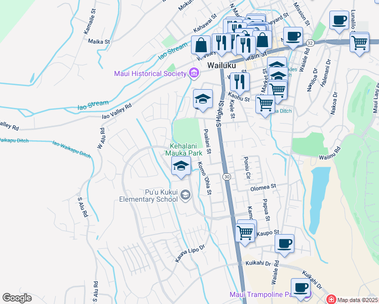 map of restaurants, bars, coffee shops, grocery stores, and more near 481 Koma 'Ohia Street in Wailuku