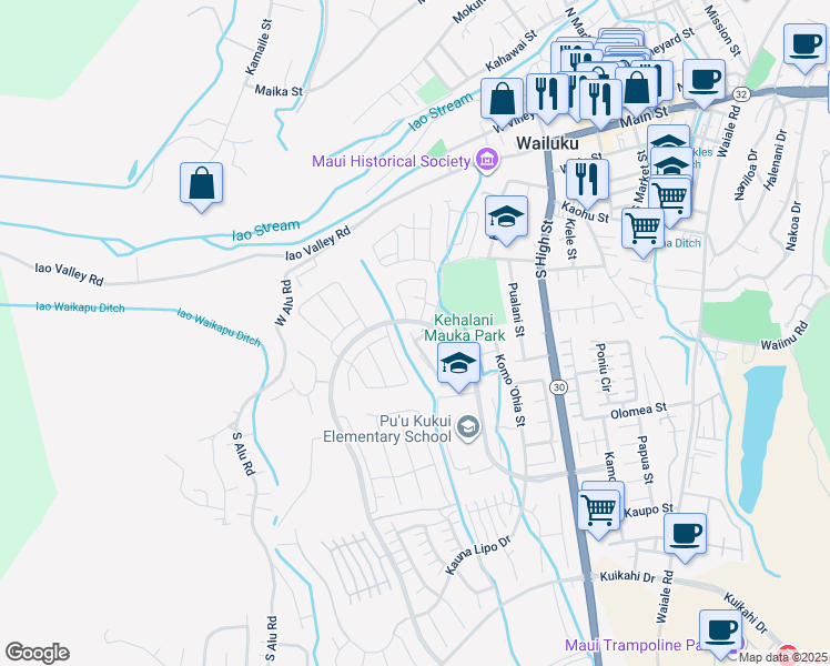 map of restaurants, bars, coffee shops, grocery stores, and more near 145 Hoowaiwai Loop in Wailuku