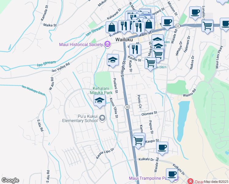map of restaurants, bars, coffee shops, grocery stores, and more near 493 Pualani Street in Wailuku