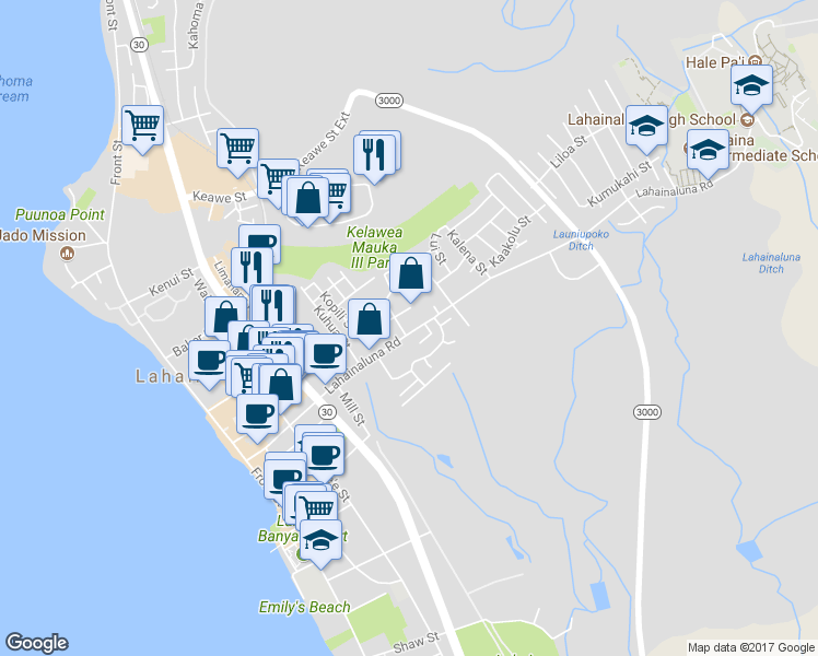 map of restaurants, bars, coffee shops, grocery stores, and more near 433 Lahainaluna Road in Lahaina