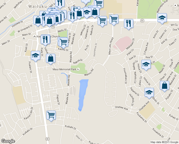 map of restaurants, bars, coffee shops, grocery stores, and more near 31 Onekea Place in Wailuku