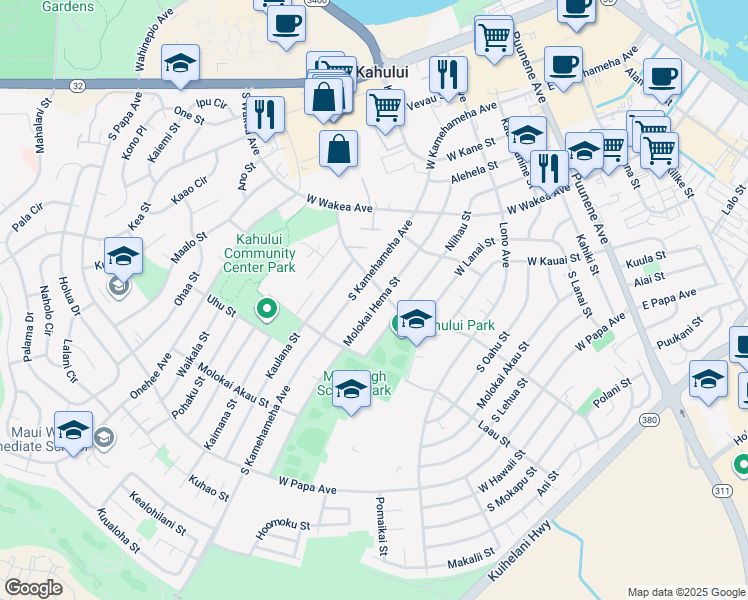 map of restaurants, bars, coffee shops, grocery stores, and more near 382 Molokai Hema Street in Kahului