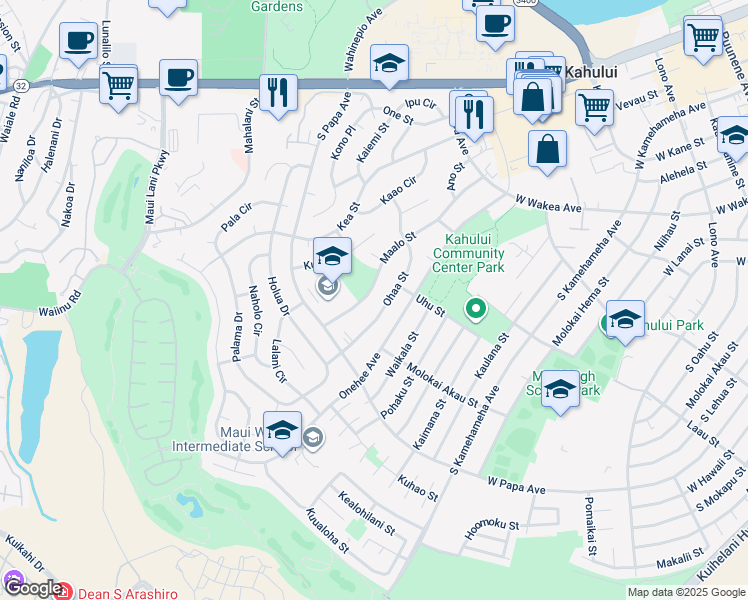 map of restaurants, bars, coffee shops, grocery stores, and more near 603 Maalo Street in Kahului