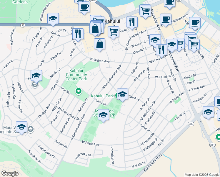 map of restaurants, bars, coffee shops, grocery stores, and more near 382 Molokai Hema Street in Kahului