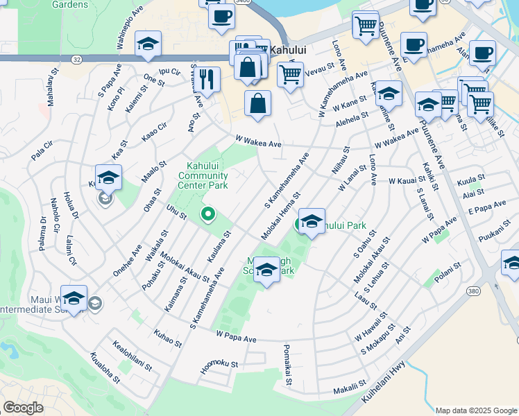 map of restaurants, bars, coffee shops, grocery stores, and more near 438 South Kamehameha Avenue in Kahului