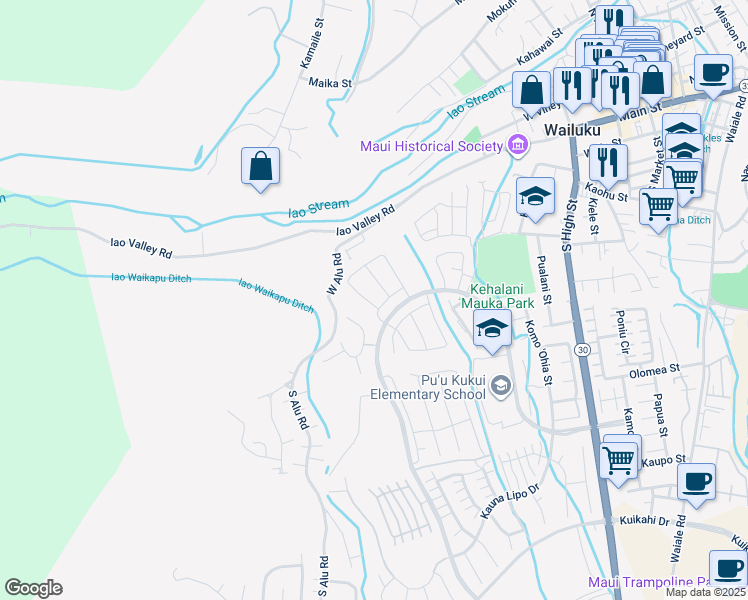 map of restaurants, bars, coffee shops, grocery stores, and more near 251 Kili'o'opu Street in Wailuku
