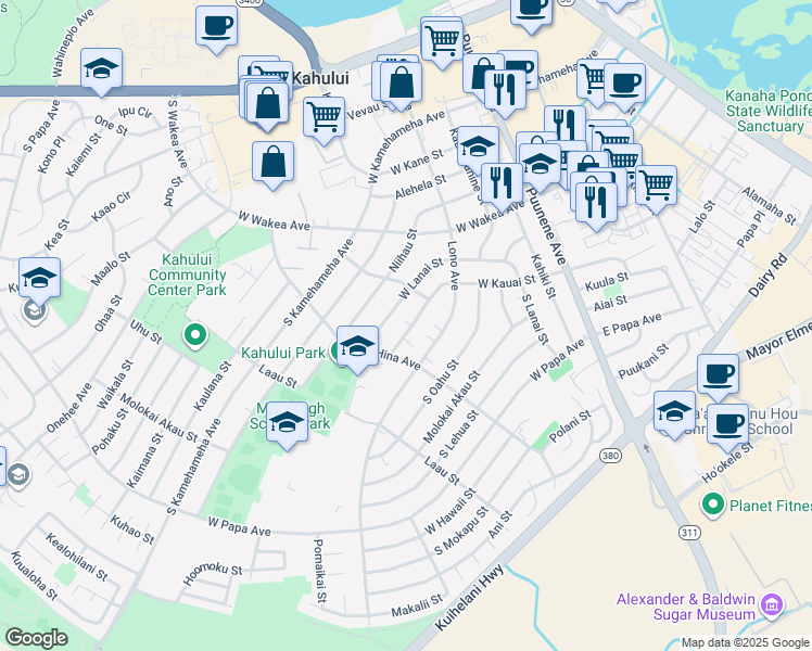 map of restaurants, bars, coffee shops, grocery stores, and more near 246 West Kauai Street in Kahului
