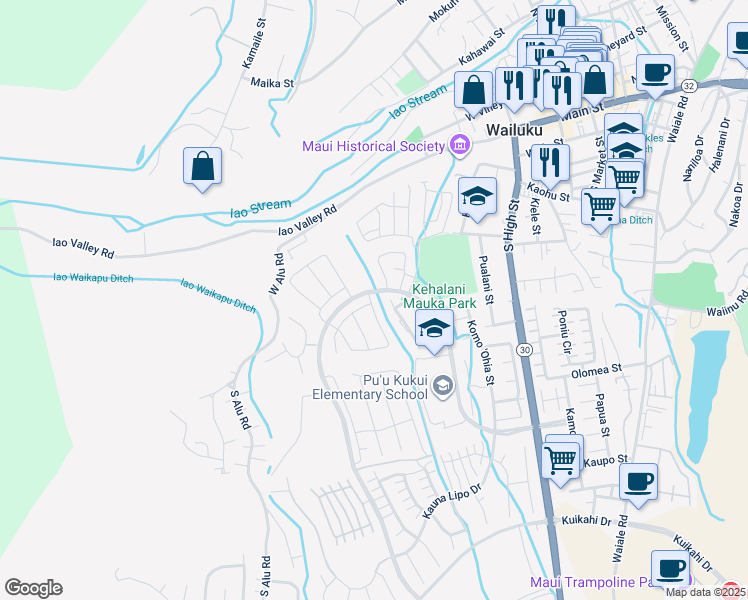 map of restaurants, bars, coffee shops, grocery stores, and more near 19 Ka ʻIkena Loop in Wailuku
