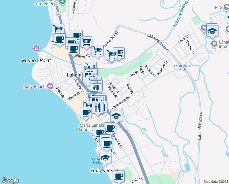 map of restaurants, bars, coffee shops, grocery stores, and more near 856 Kuhua Street in Lahaina
